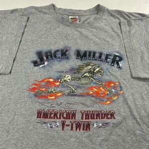 001 - VINTAGE 00s JACK MILLER SKELETON BIKER CHOPPERS V TWIN ENGINE T SHIRT